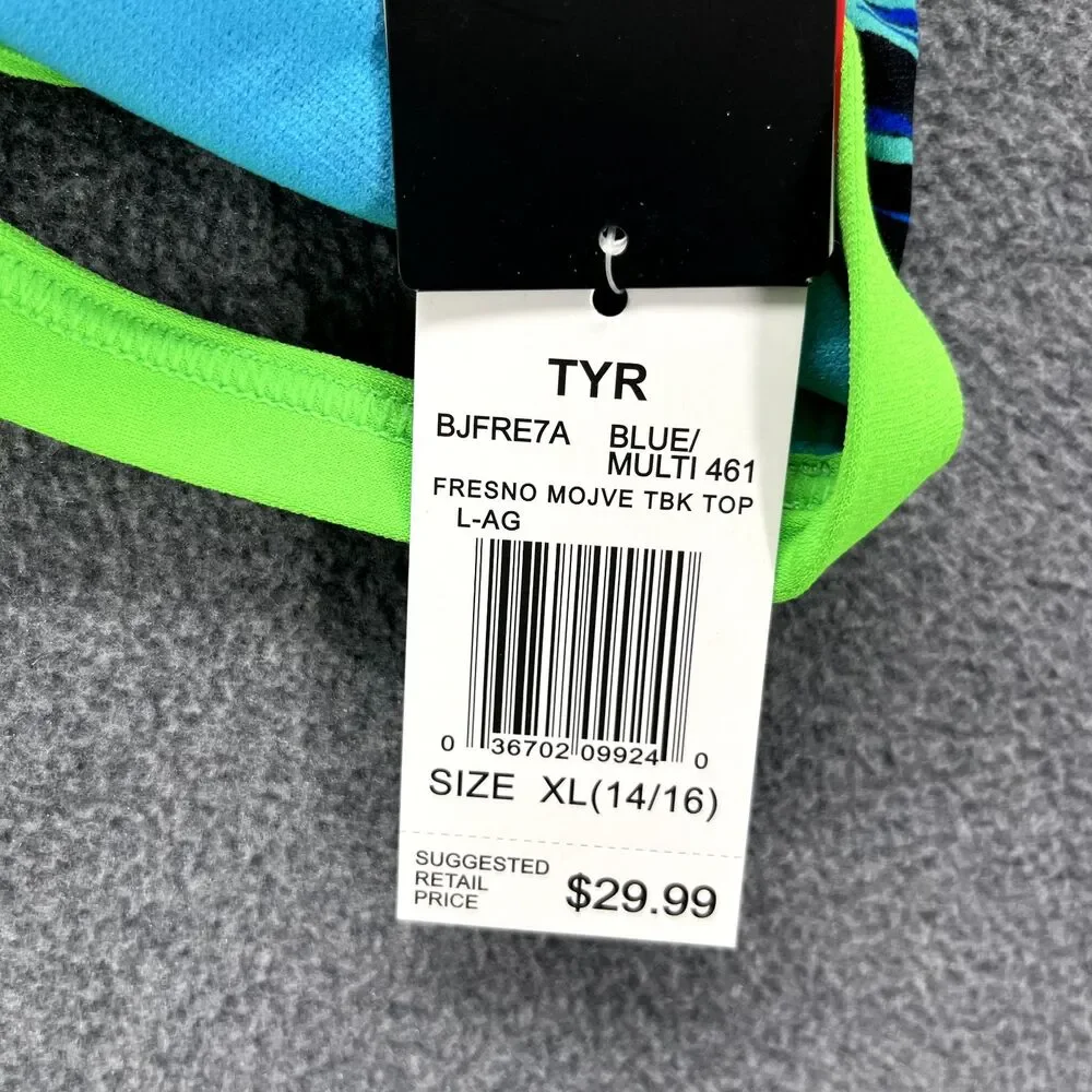 TYR Bikini Top Women XL 14 16 Blue Green Fresno Mojave Tie back‎ Swimwear